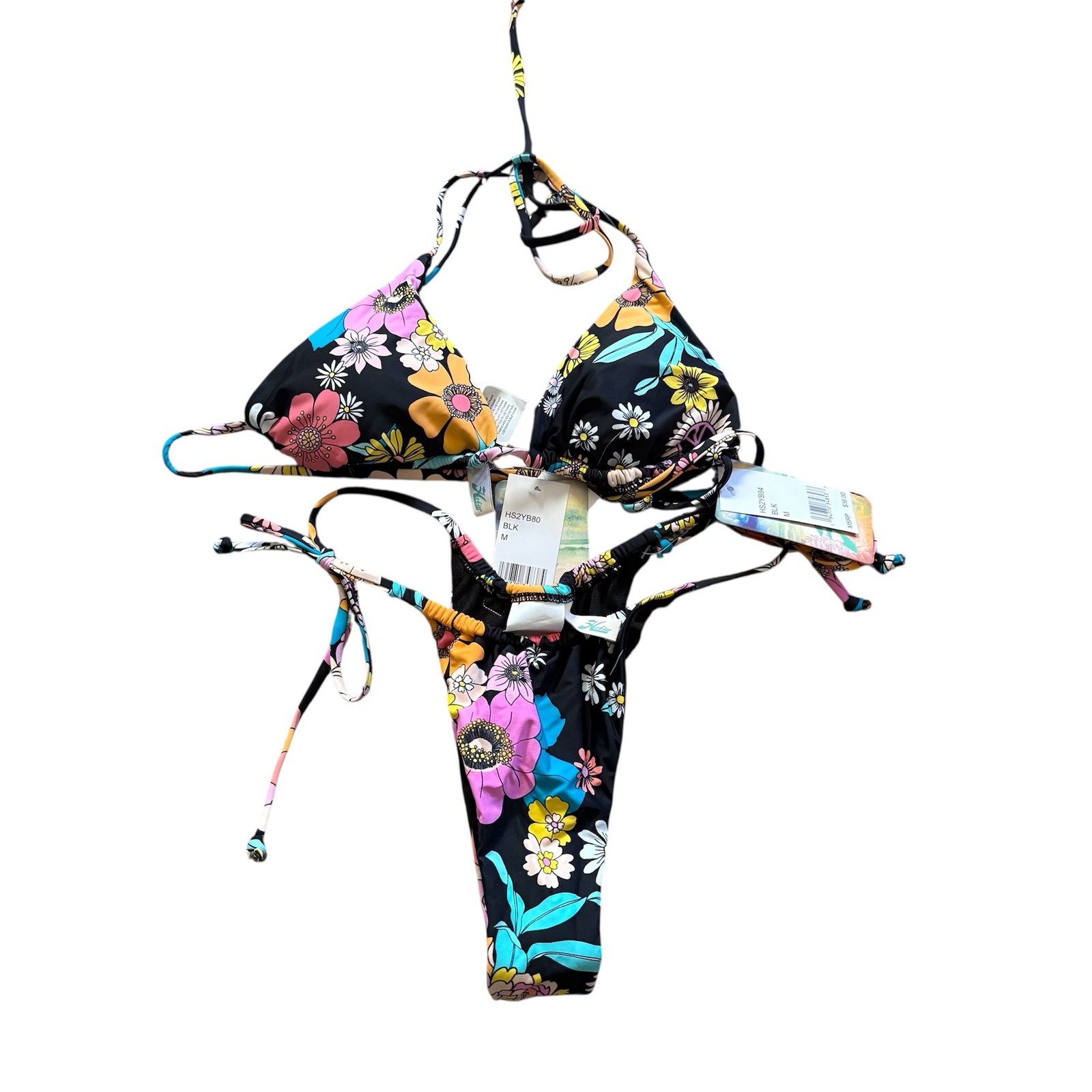 Hobie Black Floral String Bikini With Pink Yellow Blue Flowers